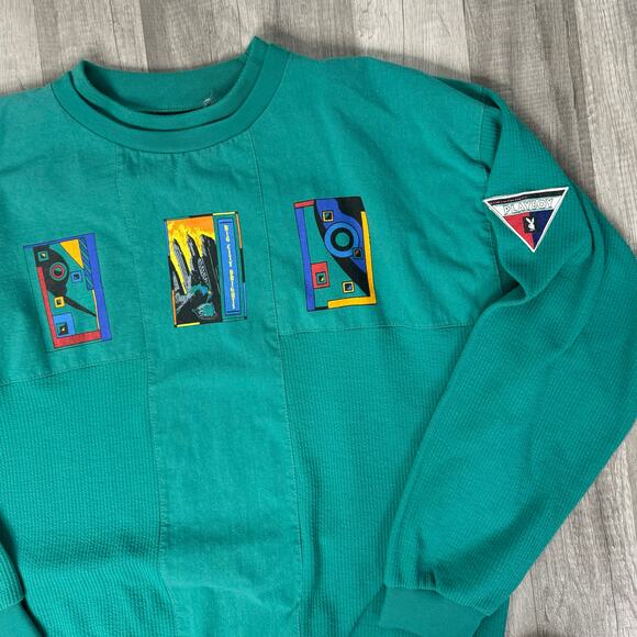 Vintage Playboy Big City Brights Teal Crewneck Shirt Size Large - Picture 1 of 7